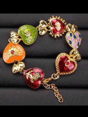 Gold-Tone Multicolor Heart Charm Bracelet - Women's Jewelry